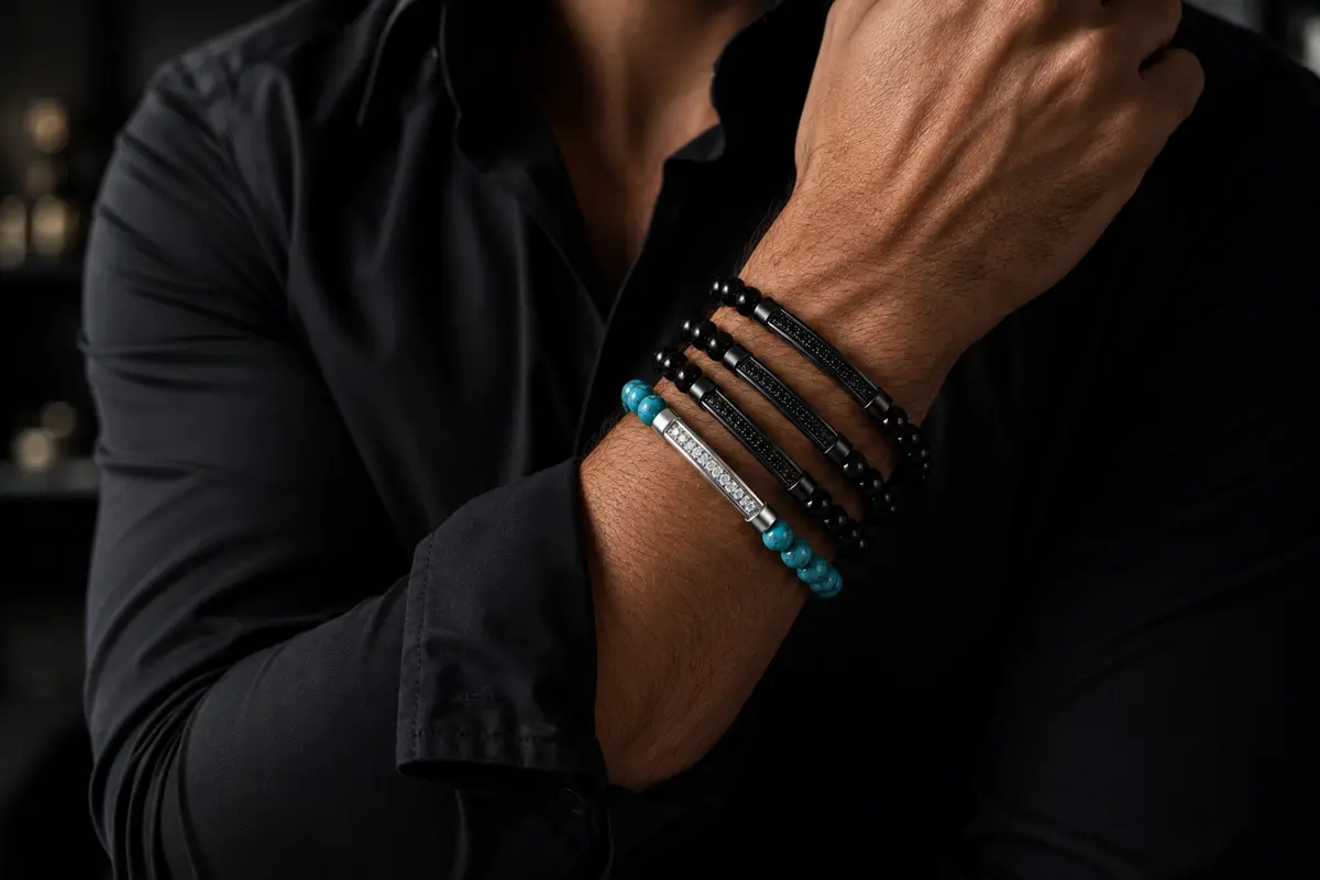 Bracelets Pearl en onyx noir et turquoise portés en accumulation